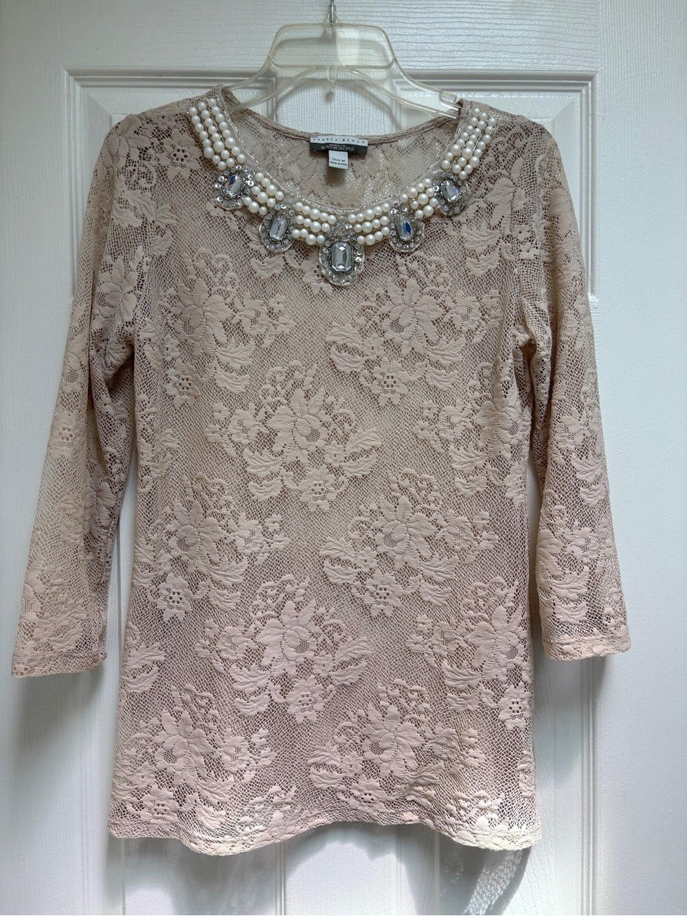 Andrea Behar for Boston Proper Embellished Lace Jewel-Neck Top in Blush Pink#032